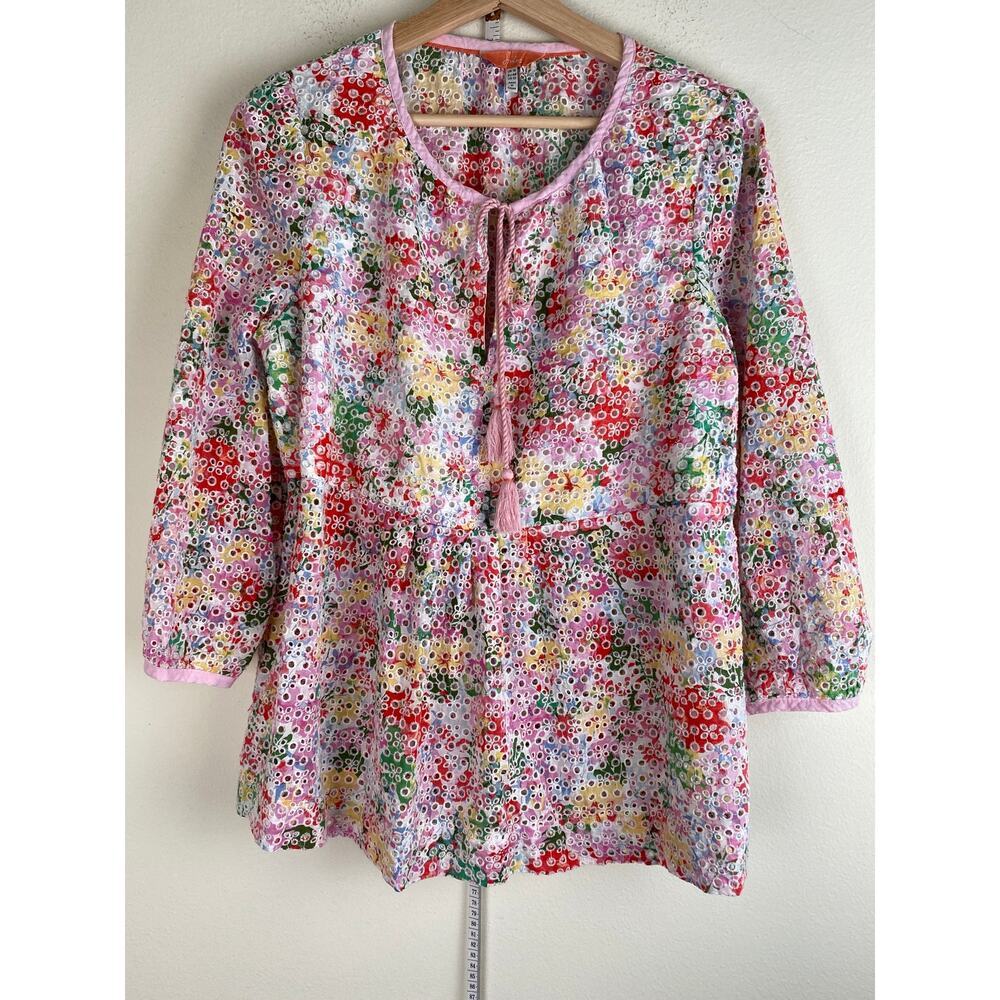 Joules Floral Eyelet Cotton Blouse White Pink Tassel Tie Size 12 - Picture 5 of 12